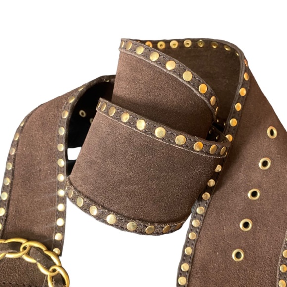 Brown Jeans Belt Women Studded Suede Studded Rodeo Western Cowgirl Large Gold - Picture 7 of 15